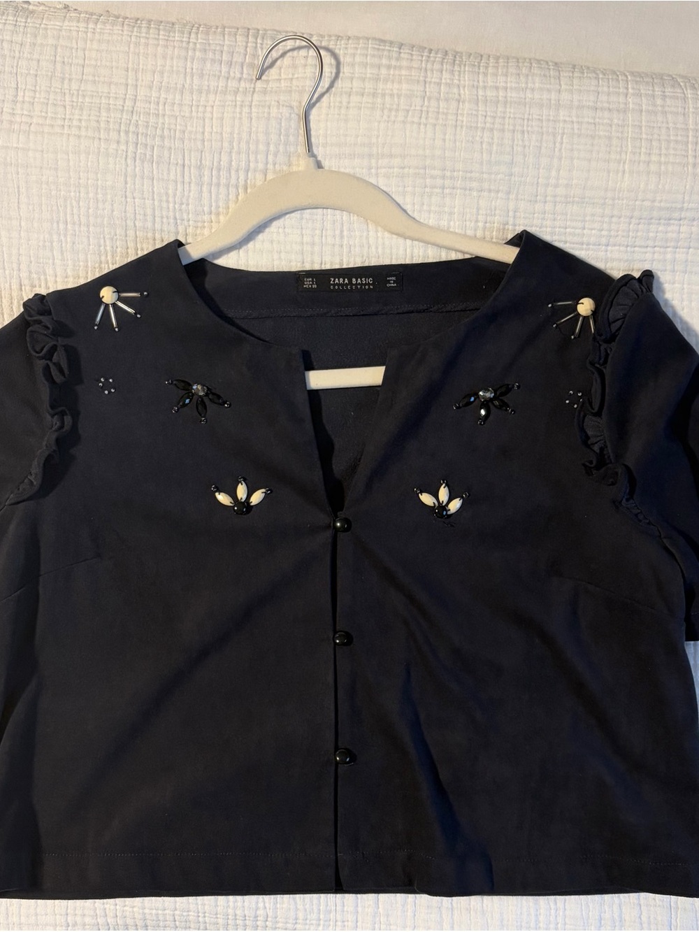 Zara Navy Short-Sleeve Embellished Button-Down Top